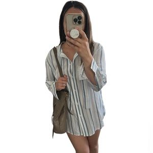 Elizabeth And James Blue White Striped Tie Neck Tunic Blouse Mini Dress Small